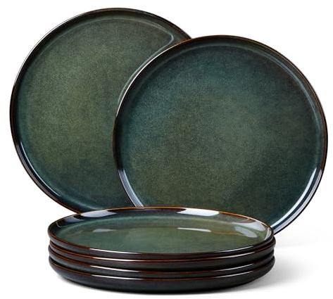 Homikit Teller Set 6 Personen, Reaktive Glasur Steinzeug - 26,5 cm Speiseteller Essteller, Modern Geschirr Plates Set Servierteller für Kuchen, Mikrowellenfest & Spülmaschinenfest, Kieferrauchgrün