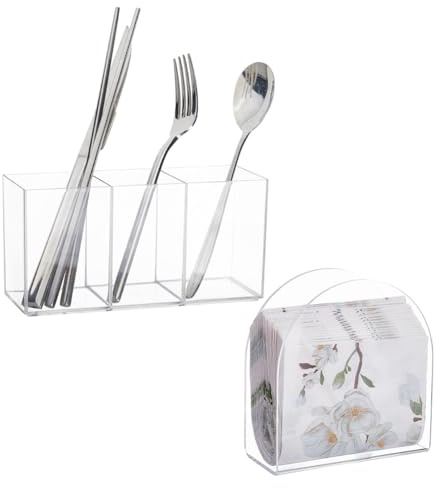DICOSMETIC 2Pcs Acrylic Cutlery Utensil Holder Cutlery Storage Organizer and Napkin Holder Kit Silverware Caddy Countertop 7.09x5.04 Inch Long for Kitchen, Dining Table, Party, Desk, Study, Office