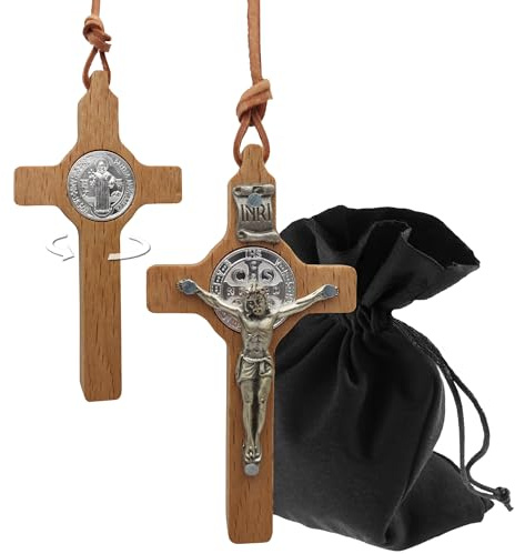 Lunexus Halskette Holzkreuz mit Korpus und Benediktus Medaille – 8×4 cm Kreuzanhänger aus Holz mit silberfarbenem Relief, inkl. 60 cm Lederband und Samtbeutel – gesegnetes Devotional aus Italien