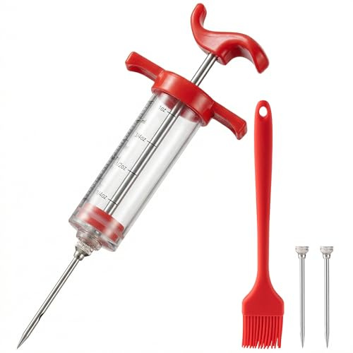 Li&Zhao Meat Injector Syringe Kit - 1-Oz Capacity with 3 Stainless Steel Needles, Cleaning Brush, Silicone Basting Brush-Essential Turkey Baster Syringe for Moisture-Infused BBQ, Smoked Meats, Pork
