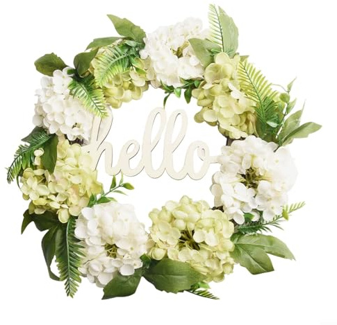 Glewi Corona artificial de hortensias verdes de 40 cm, decoración de pared floral de seda con adorno de saludo para puerta delantera, decoración interior y exterior del hogar