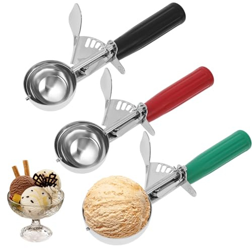 3 Pack Ice Cream Scoop,Stainless Steel Fruit Scoop,Multi-Purpose Scoops with Trigger Release for Ice Cream, Melon, Mashed Potatoes and Muffins.Set of 3 Large (7CM), Medium (6.3CM), Small (4.7CM)