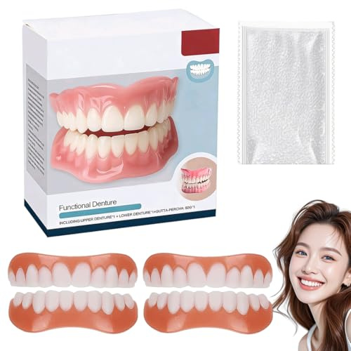 PHYNDR 2 pièces Ensemble de prothèses dentaires complètes de qualité supérieure, ensemble de fausses dents de prothèses dentaires, ajustement naturel, doux et confortable
