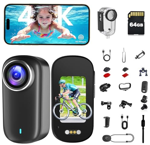 Veralyxa Bodycam, Mini Action Cam 4K mit Display, Wasserdicht WiFi Bodycam Körperkamera Mini mit 64GB Karte, POV Kamera 1200-mAh, Unterwasserkamera, helmkamera Motorrad, Loop-Funktion Dashcam Fahrrad