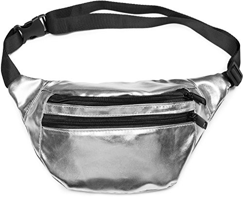 styleBREAKER Damen Bauchtasche Metallic | Gürteltasche 21x16 cm, Silber | 21x16 cm Maß, Kunstleder-Gewebe. 76-109 cm anpassbarer Gurt mit Steckschnalle. Haupt- und Frontfach mit Reißverschluss.