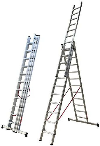 BTF | Escalera de Aluminio 3 Tramos 3,0 MTS, 11 peldaños x Tramo | Escalera Plegable Transformable y Extensible | Altura alcanzable Aprox. 7,5 Metros | Certificada EN131 - Carga 150 kg. BTF-ETTB6730