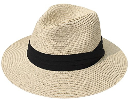 DRESHOW Damen Panama Hut Fedora Strand Sonnenhut Breiter Rand Stroh Aufrollen Hut UPF 50+