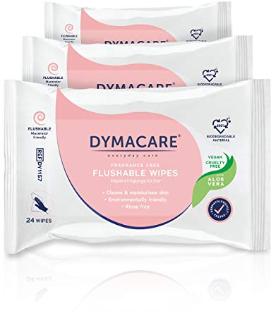 DYMACARE Flushable Wet Wipes | Large Unfragranced Moist Body Cleansing Wipes with Aloe Vera | Plant based biodegradable wipes for Personal Care and all the Family | 3 Packs (72 wipes in total)