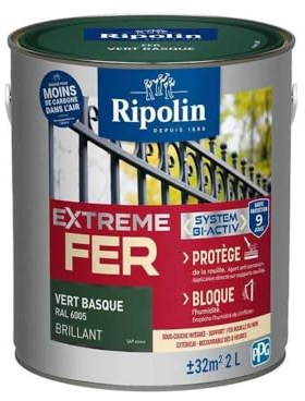 RIPOLIN Peinture pour Fer Extérieur Glycéro Antirouille Vert Basque 2 L | Peinture pour Fer Extérieur, Haute Protection, Extérieur, Brillant