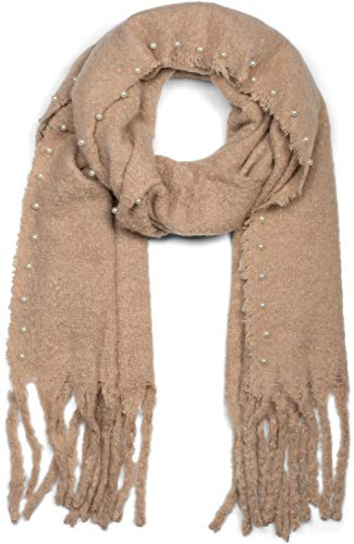 styleBREAKER Damen Web Schal Unifarben Perlen | Warmes Wintertuch, 16 cm dicke Fransen an den Enden, 8 mm große Kunstperlen Applikationen, 53x172 cm Maß, Stola Halstuch