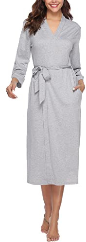 Nieery Morgonrockar Dam Bomull Elegant V-Ringad Kimono Morgonrock Dam Lång Med Bälte Och Ficka, Grå stil B, L