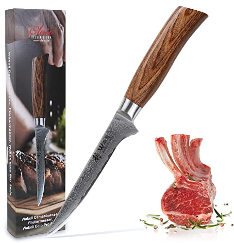 Wakoli EDIB Pro Ausbeinmesser aus echtem Damaststahl (VG10 Kern) mit 14 cm Klinge – Scharf und ergonomisch – Damastmesser mit Pakkaholzgriff in Geschenkbox – Damast Filetiermesser für Fisch & Fleisch