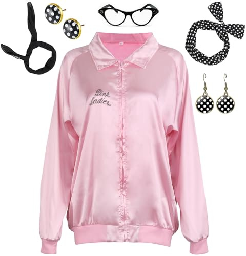 ATOWORLD Pink Ladies Jacket for Ladies Adults 50s 1950s Fancy Dress Women with Accessories Scarf Headbands Earrings Glasses Pink Lady Jacket Grease Fancy Dress Costume Outfit for Women Halloween S