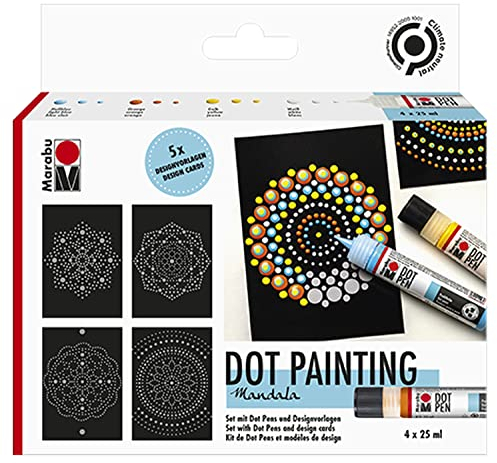 Marabu 1801000000084 - Dot Pen Set Mandala, 4 x 25 ml Punktfarbe auf Wasserbasis für dotting Technik, trocknet matt & erhaben auf, für Mandala & Gestalten in der Dot Painting-Technik