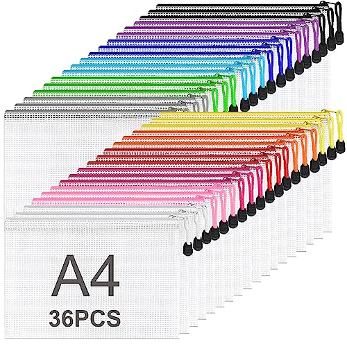 ASelected 36 Stücke Dokumententasche A4 Reißverschluss Bunte, Mesh Kunststoff Reißverschlusstasche, Datei Taschen mit Reißverschluss A4 Zipper Taschen für Datei, Dokumente, Hausaufgaben, Reisezubehör…