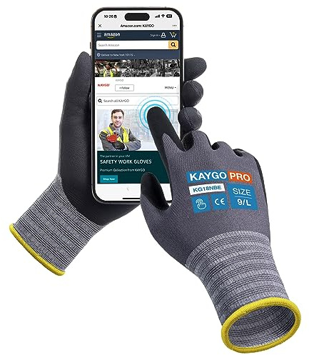 KAYGO Safety Work Gloves MicroFoam Nitrile Coated Touchscreen, KG18NBE | 3 Pairs Working Gloves with Oil Resistant Grip on Palm, for Men Women, Ideal for General Purpose Automotive (Gray, L)