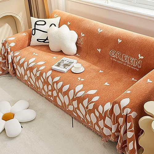 Daesar Sofabezug Universal 180x420CM, Couchbezug Eckcouch 4 Sitzer Orange mit Buchstaben Blätter Motiv Überwurf Sofa Katzenschutz Couch Überzug rutschfest