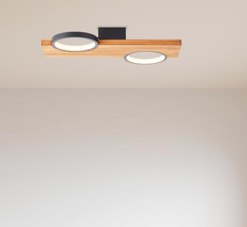 Lightbox LED Deckenlampe 2-flammig, schwarz & Holz, 14 W Leuchte | Deckenleuchte mit Lichtkreisen, 1400 lm, warmweiß, 40x25 cm, außergewöhnliches Lichtspiel für moderne Räume