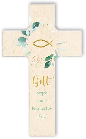 Fritz Cox Holzkreuz Fisch | Gott segne und beschütze Dich | christliches Geschenk für Kinder natur,15cm