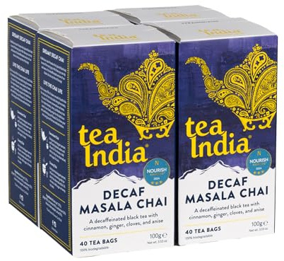 Tea India Chai Tea Bags (4 Packs of 40 Biodegradable Tea Bags) Rainforest Alliance Certified (Decaf Masala Chai)