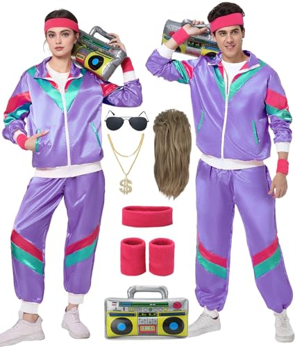 FOVER 80er Jahre Outfit Herren Damen Kostüm Trainingsanzug Pop Art Retro Stil Kostüm Accessoires set mit Aufblasbares Radio Sonnenbrille Halskette Schweißband für Mottoparty Fasching