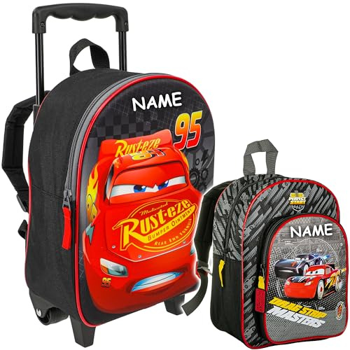 alles-meine.de GmbH 2 TLG. Set: Kinder Trolley & Rucksack - Cars - Auto - Lightning McQueen - inkl. Name - 3D Effekt - wasserabweisend & beschichtet - für Mädchen & Jungen - Trol..