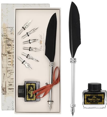 PATIKIL 21,5 cm/8,5 Geschnitztes Federstift-Set, Vintage Gänsefederstift mit Tintenset 6 Ersatzfedern für Kalligrafie Schreibbüro Dip Pen Hochzeitsgeschenke, Schwarz