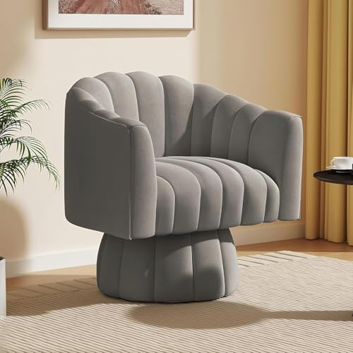SEYNAR Drehsessel Wohnzimmer Mid Century 360° drehbarer Kuscheltonnen-Akzentsofasessel, runde Sessel mit breit gepolstertem, flauschigem Samtstoffstuhl für Schlafzimmer, Büro (grau)