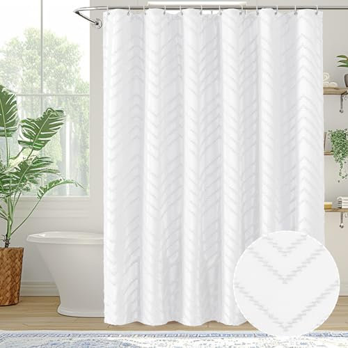 Simplebrand Rideau de douche bohème blanc de 182 x 198 cm avec 12 crochets, tissu moderne, chic, texturé, chevron touffeté, rayé, minimaliste, hôtel, salle de bain