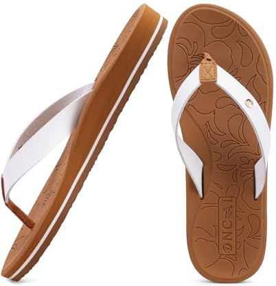 ONCAI Womens Flip Flops for Women Arch Support Yoga Mat Summer Beach Leather Woman Dressy Thong Sandal for Women 2026 with Plantar Fasciitis Walking Ladies Thong Sandal Outdoor White/Khaki Size 10