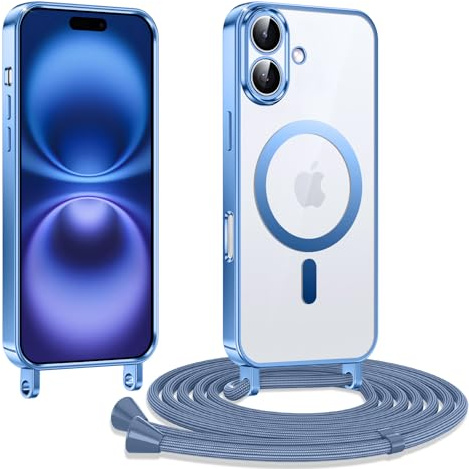 Kokio Handykette Hülle für iPhone 16 6,1 Zoll mit Band, Magnetische Transparent Handyhülle Kompatibel mit MagSafe, Kratzfeste Stossfest Schutzhülle mit Einstellbar Kette, Blau