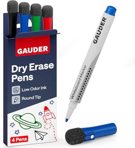 GAUDER Set de Rotuladores para Pizarra Blanca (4 piezas – 4 colores) | Borrables en seco sin dejar residuos | Rotuladores borrables con esponja, ideales para pizarras blancas y magnéticas