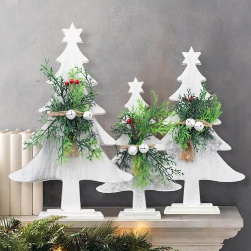 DETENE 3 Pezzi Albero di Natale in Legno Mini Albero di Natale da Tavolo in Legno Albero di Natale Bianco con Campane per Decorazioni Natalizie Decorazioni da Tavolo Regalo di Natale
