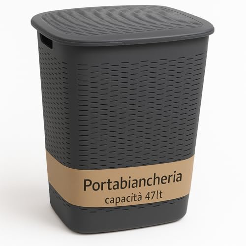 Tomaino - Wäschekorb aus Kunststoff - Behälter für Schmutzwäsche im Badezimmer - Korb für Kleidung und Schmutztücher mit platzsparendem Deckel 47 Liter (Grau)