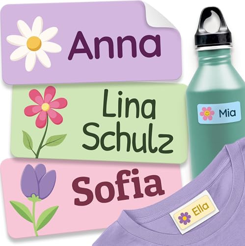melu kids® Etiquetas para Ropa Personalizadas (120 piezas, Flores) - No es necesario planchar, pegatinas personalizadas para pegar y lavables a máquina (lavadora y lavavajilas)