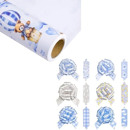 LeZakaa Baby Shower Blue Teddy Bear Wrapping Paper - 17 inches x 32.8 Feet & 12PCS Pull Bows with Ribbon - Blue Gift Bows with Elephant, Cloud, Foot Print Design