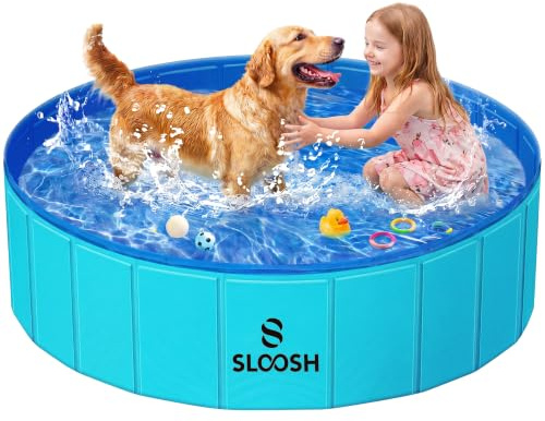 SLOOSH Vikbar hund barnpool – bärbar hård plast hundpool, halkfri, hopfällbar husdjur, badkar lämplig för barn, småbarn, inomhus, utomhus och trädgård (122 cm x 30 cm, blå)