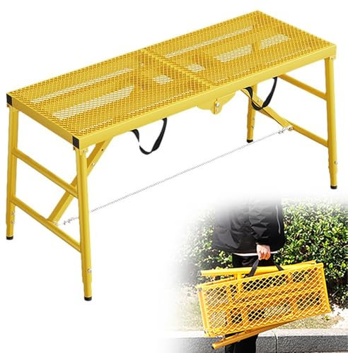 QIeAny Zusammenklappbarer Pferdehocker Aus Hochwertigem Karbonstahl, Bauwerkzeug Mit Gitterverbreiterten Anti-Rutsch-Pedalen, Tragfähigkeit Ca. 20 KG + 5-Stufiger Hub (Abstand 10CM),Yellow