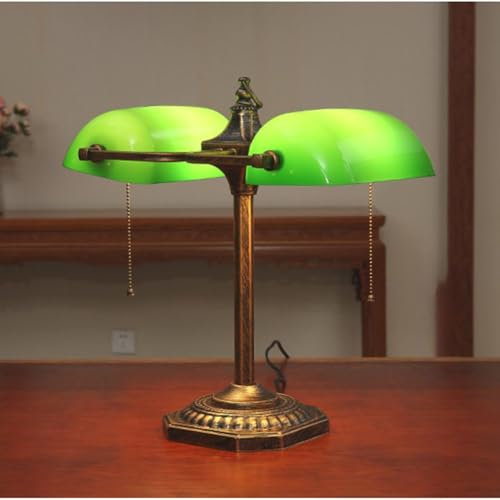 LOGT Traditionelle Bankerlampe mit Zugschalter Tischlampe 2 Flammige Retro Schreibtischlampe Grünen Glas Lampenschirm Schreibtischlampe mit Schalter Tischleuchten Antik Design Metall Nachttischlampen