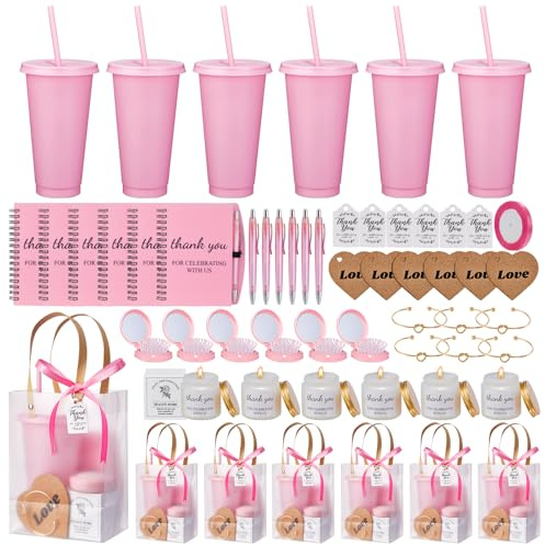 56Pcs Baby Shower Prizes for Game Winners Baby Shower Favors Gifts including Plastic Tumbler Notebook Scented Candles Ballpoint Pen Mirrors with Hair Brushes Bracelet Gift Bag (Pink)
