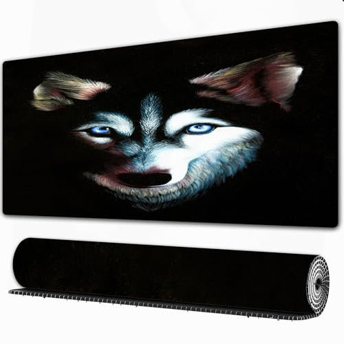 FEHWI Mauspad 80×30 cm Verlängertes großes Mauspad Schreibtischauflage,Husky Original Ölgemälde auf schwarzem Samt Hund mit blauen Augen Impressio,genähte Kanten Gaming Mauspad,rutschfeste Gummibasis