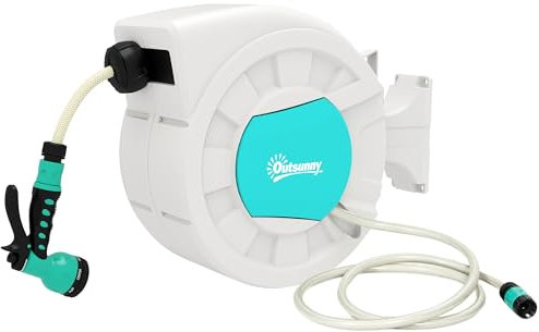 Outsunny Enrollador de Manguera para Jardín 20+2 m con Boquilla de 7 Funciones Carrete de Manguera de Jardín de Pared Giro de 180° Manguera Enrollable con Bloqueo Retorno Automático Gris Claro