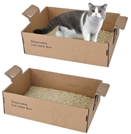 Lot de 2 bacs à litière jetables pour chats, 44,2 x 31,2 x 13,7 cm, grande boîte à litière en carton extra épaisse, portable, pliable, imperméable, résistante aux fuites (taille L, comptant, 2)