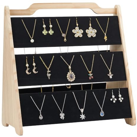 FINGERINSPIRE - Expositor de collares de pino de 3 niveles, soporte de almacenamiento para collares de madera Burlywood con alfombra de terciopelo negro, expositor de joyas de mesa para venta pulseras