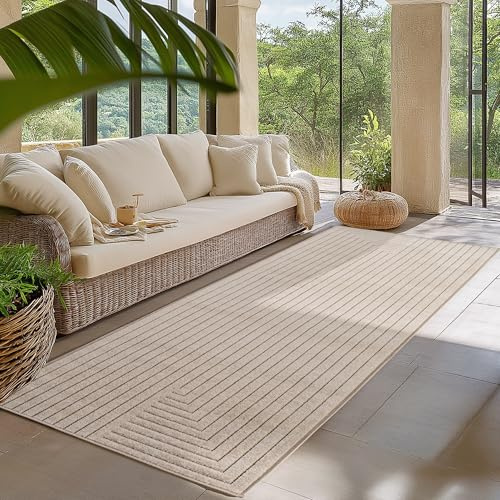 HomebyHome Kurzflor Teppich Läufer 80x250 cm Beige Wohnzimmer, Schlafzimmer, 3D Hoch-Tief-Effekt, Skandinavisch Boho Motiv, für Outdoor Bereich geeignet Terrassen oder im Balkon