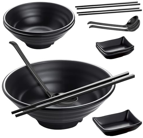 NAMYEUT Juego de 3 cuencos para ramen, cuencos de plástico grueso de 500 ml con palillos, cuchara, cuenco para pasta, sopa, ensalada, fruta