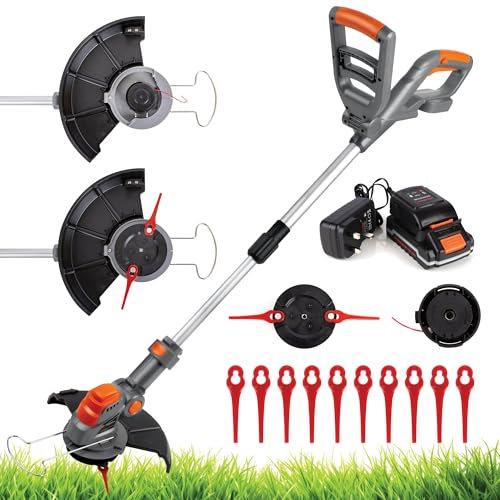 Terratek Cordless Grass Trimmer, 20V Battery, 2-in-1 Strimmer with Blades and Spool, Fast 1-Hour Charging
