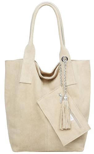 Caspar große Wildleder Shopper Schultertasche XL Damen Handtasche aus Leder mit stylischer Metallkette & kleiner Zusatztasche - CLASSIC LINE - Modell No.828 - Made in Italy