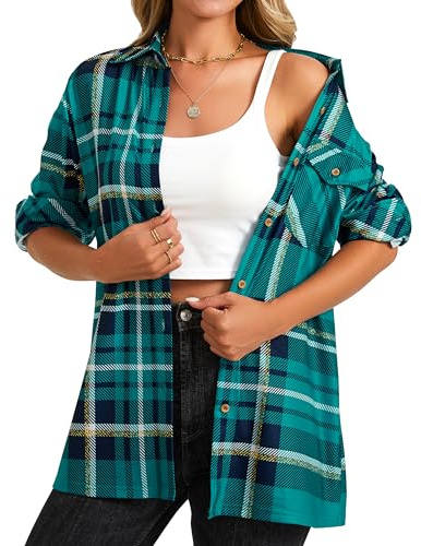 Enmain Camicia Quadri Donna Morbido Blusa Maniche Lunghe Camicetta Scozzese Casual Button Down Shirts Acquamarina S