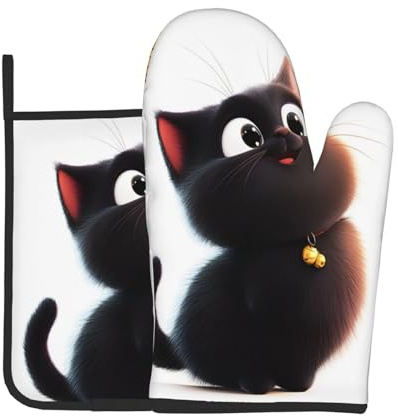 Ensemble de cuisine avec motif chat noir mignon, gants de cuisine et maniques résistants à la chaleur jusqu'à 180 °C, antidérapants, imperméables, parfaits pour la cuisine, la pâtisserie, les